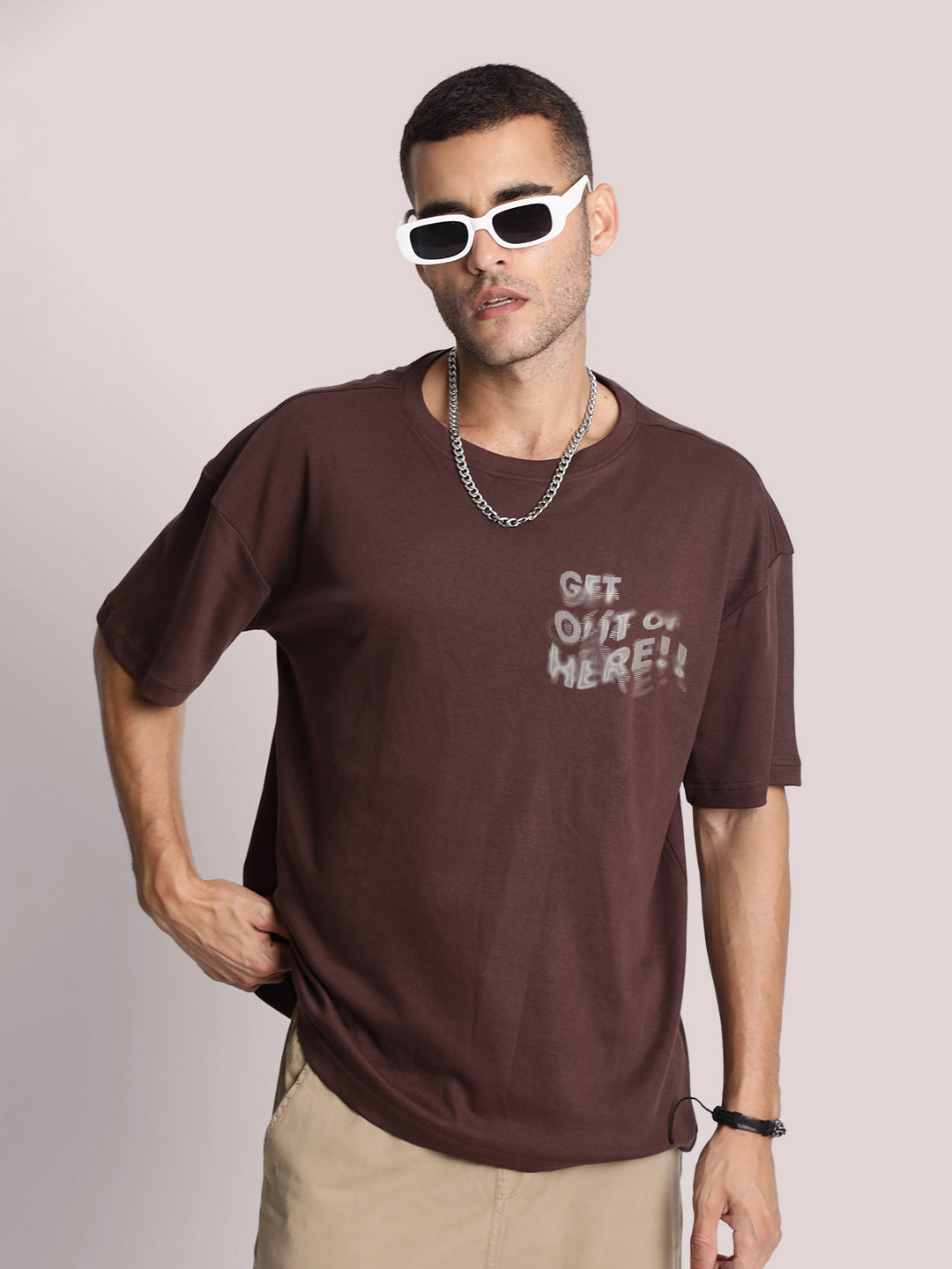 Men Brown Typography Print Oversize T Shirt