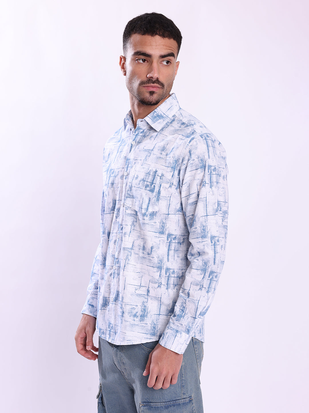 Men Blue and White Abstract Print Single Pocket Shirt