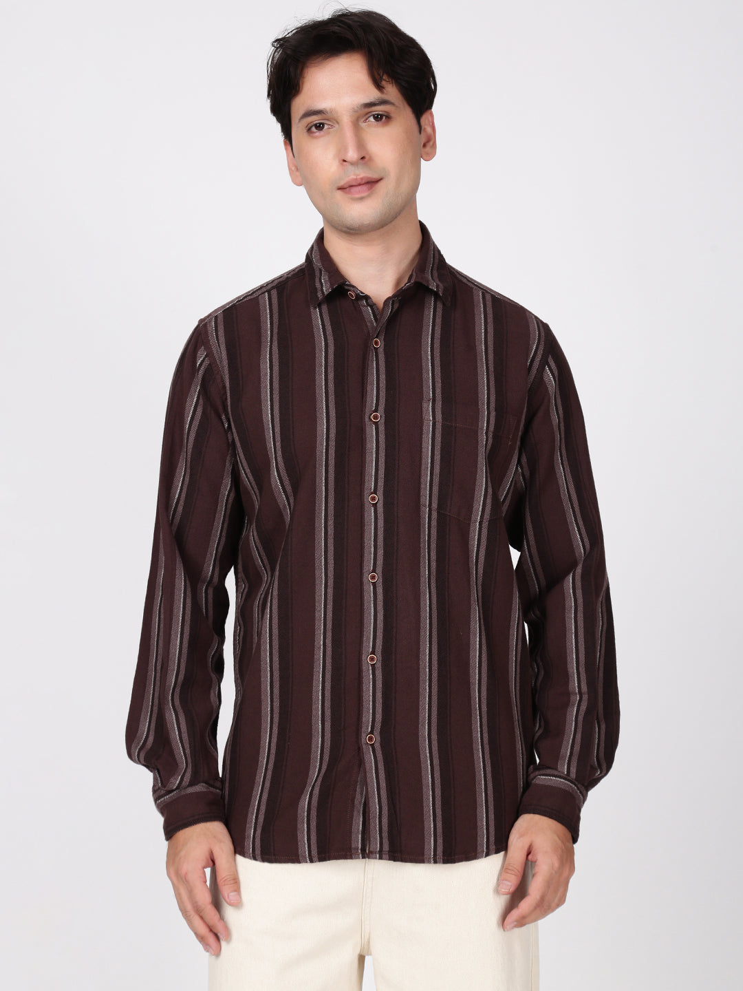 Men Brown Striped Single Pocket Shirt