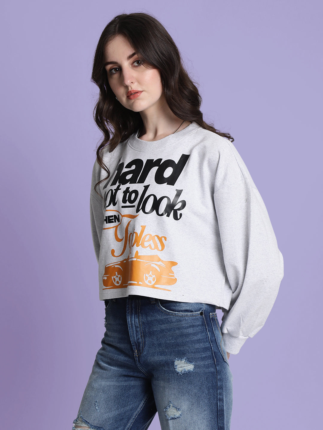 Women Grey Typography Printed Crop Sweatshirt