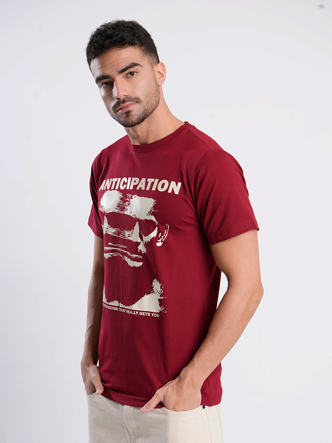 Men Maroon Cotton Lycra Graphic Print T Shirt