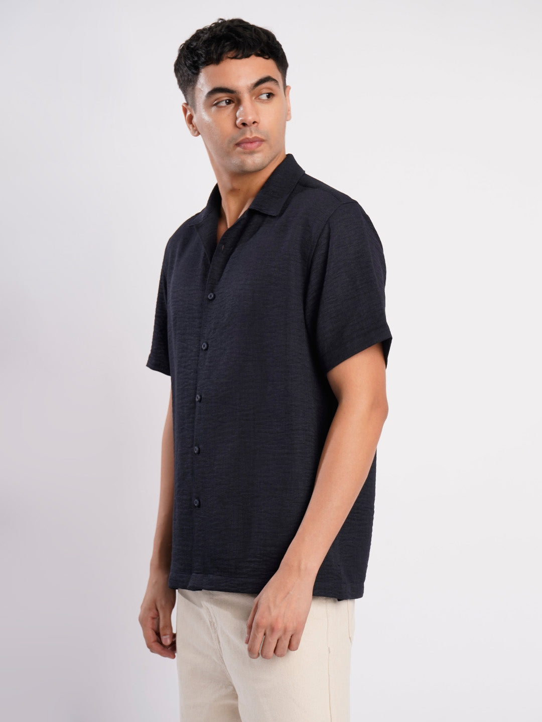 Men Navy Blue Textured Resort Collar Shirt