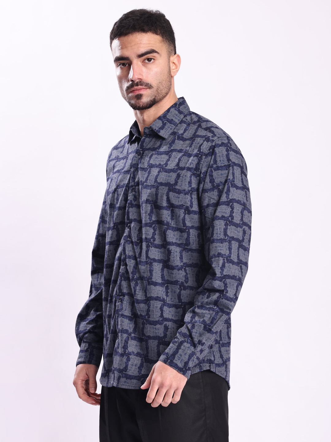 Men Grey and Blue Printed Casual Shirt