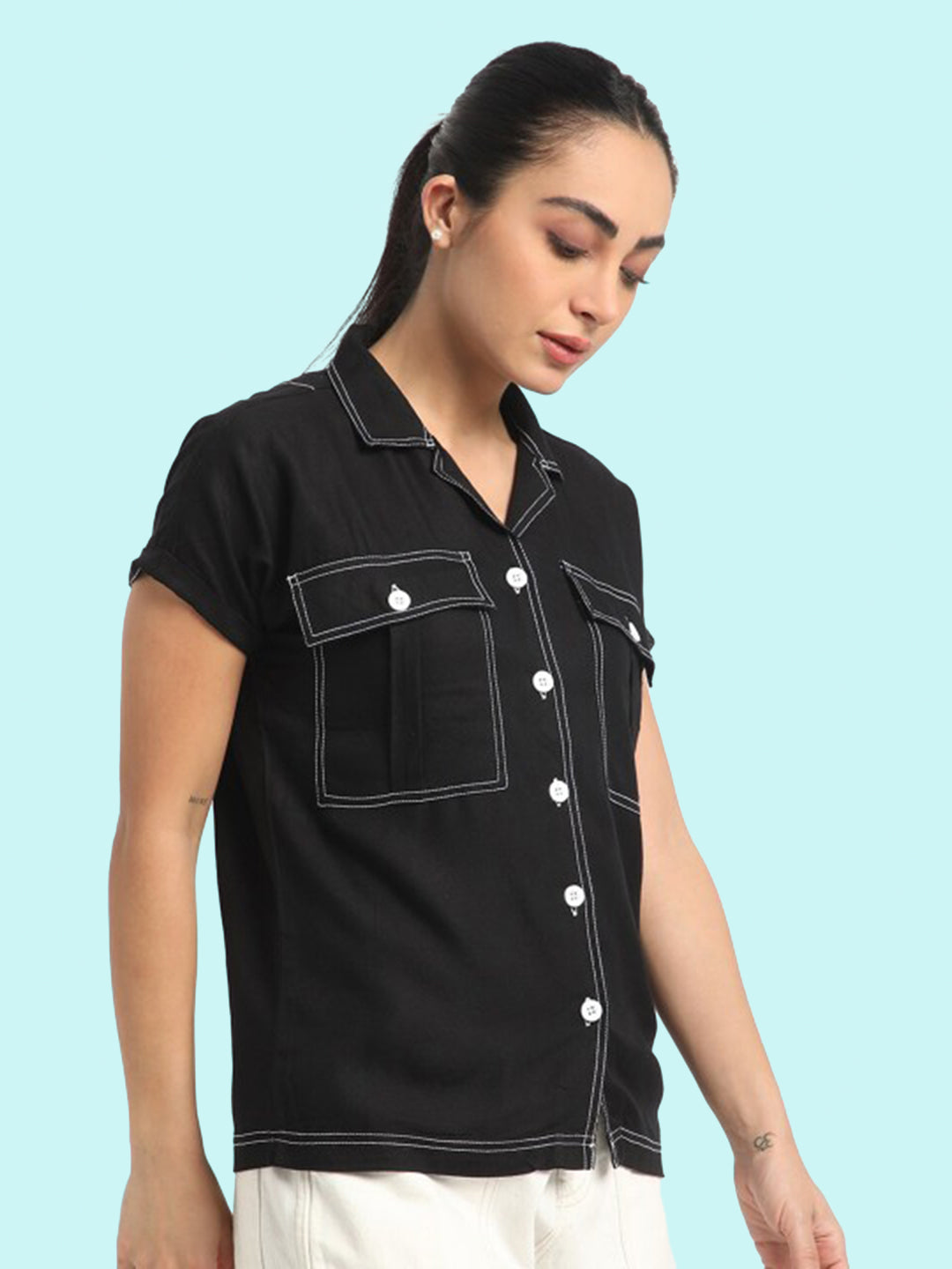 Women Black Lightweight Casual Solid Shirt with Contrast Stitch