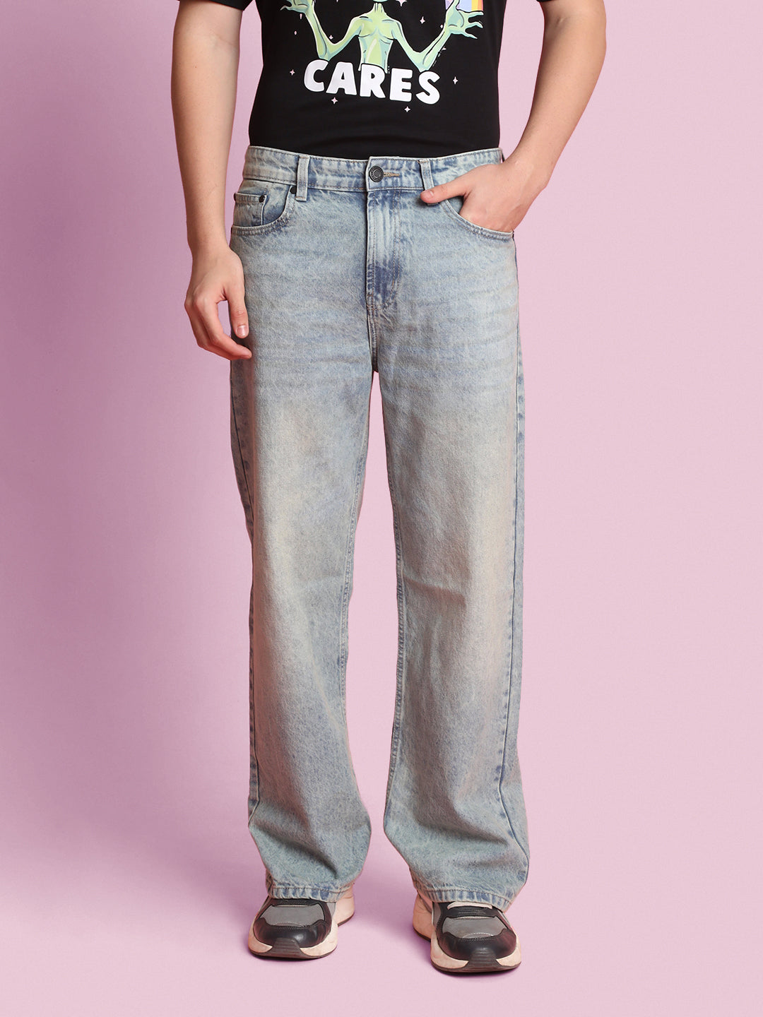 Men Light Blue Wide Leg Denim Trouser