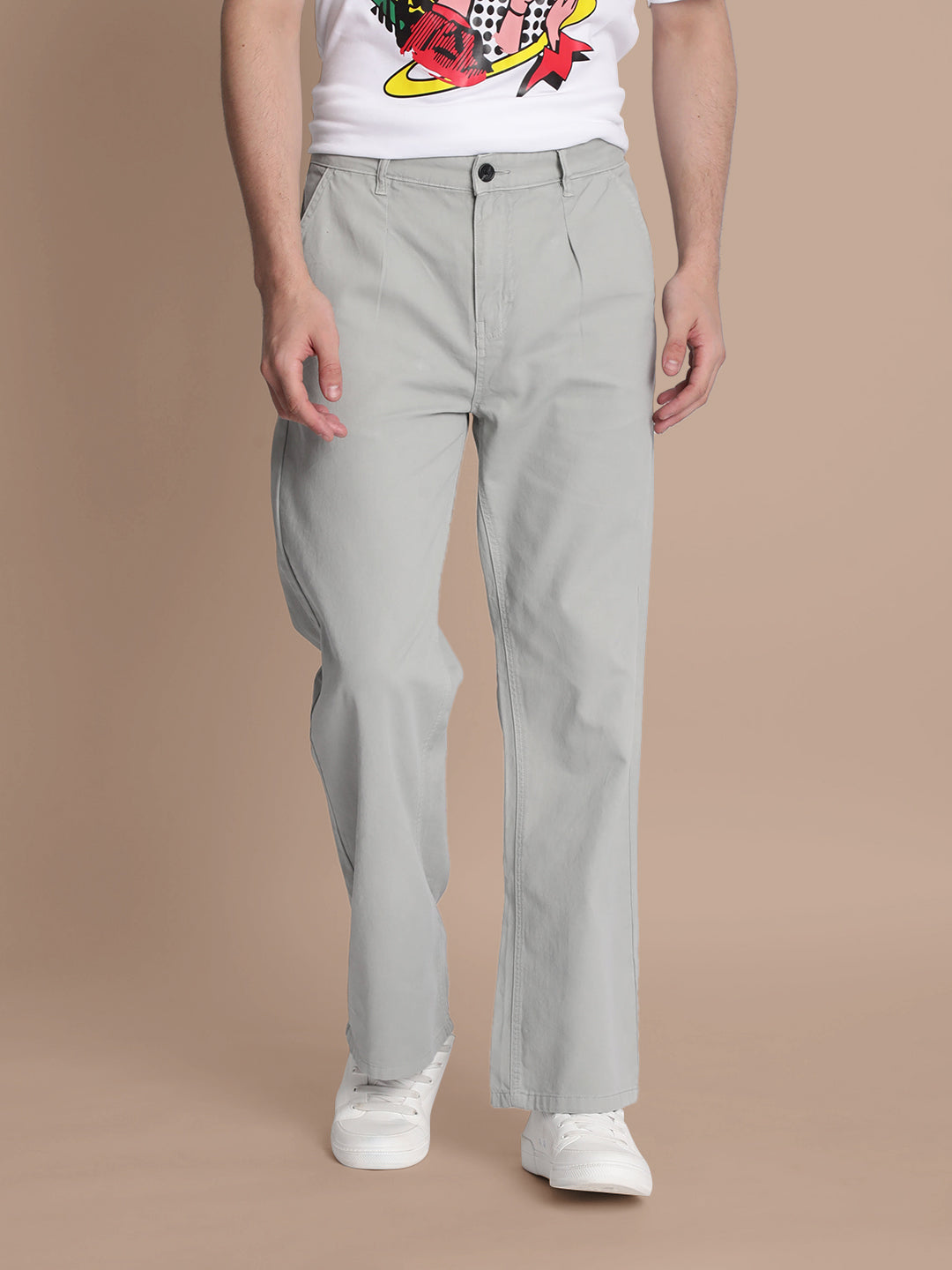 Men Grey Wide-Leg Chino Trousers