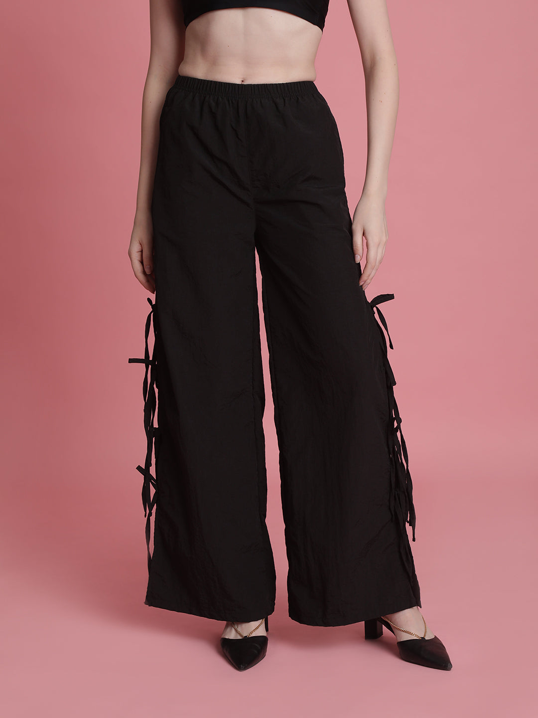 Women Black Wide Leg Trouser with side Tie up