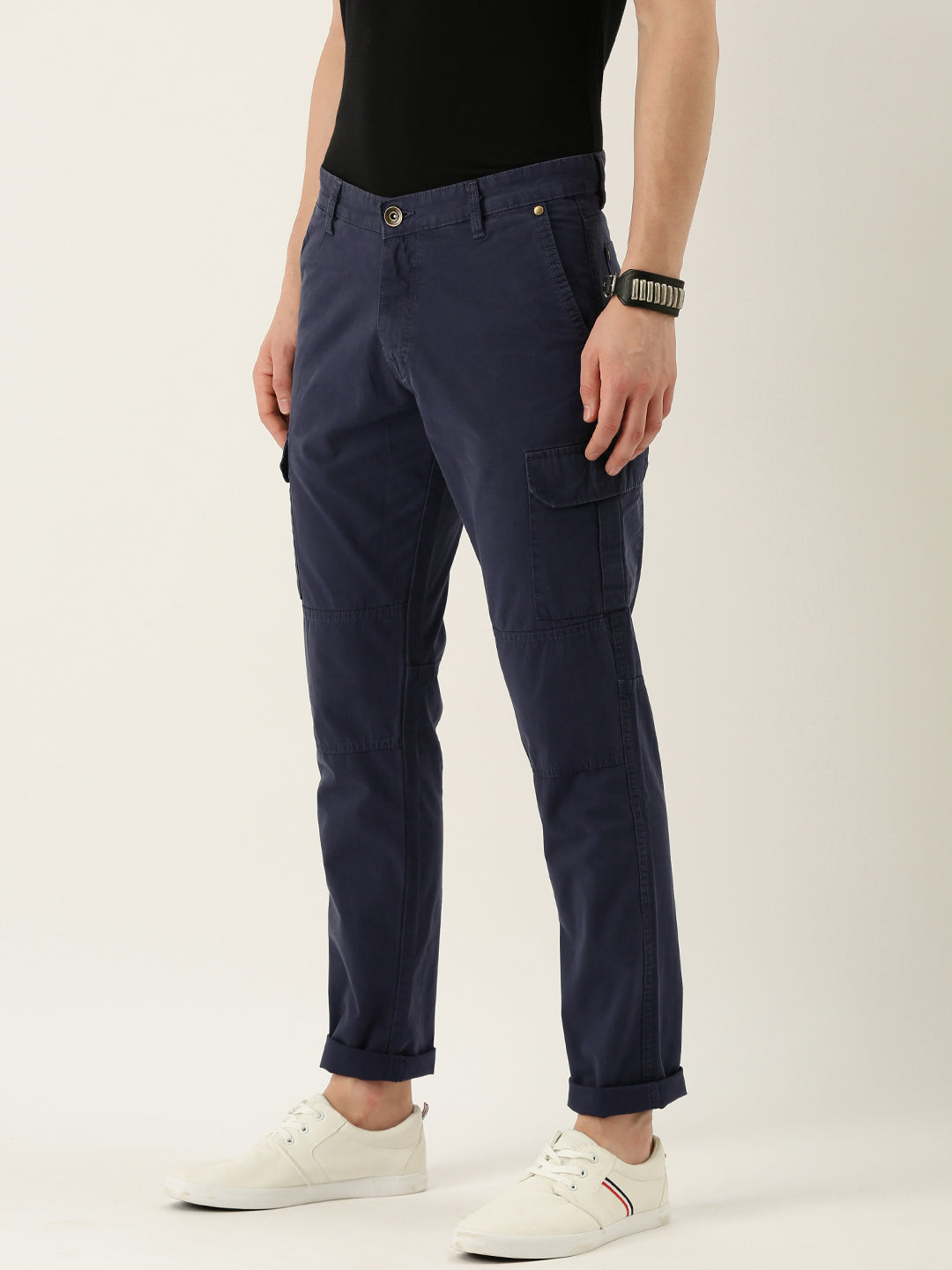 Men Navy Blue Slim Fit Solid Cargo Trouser