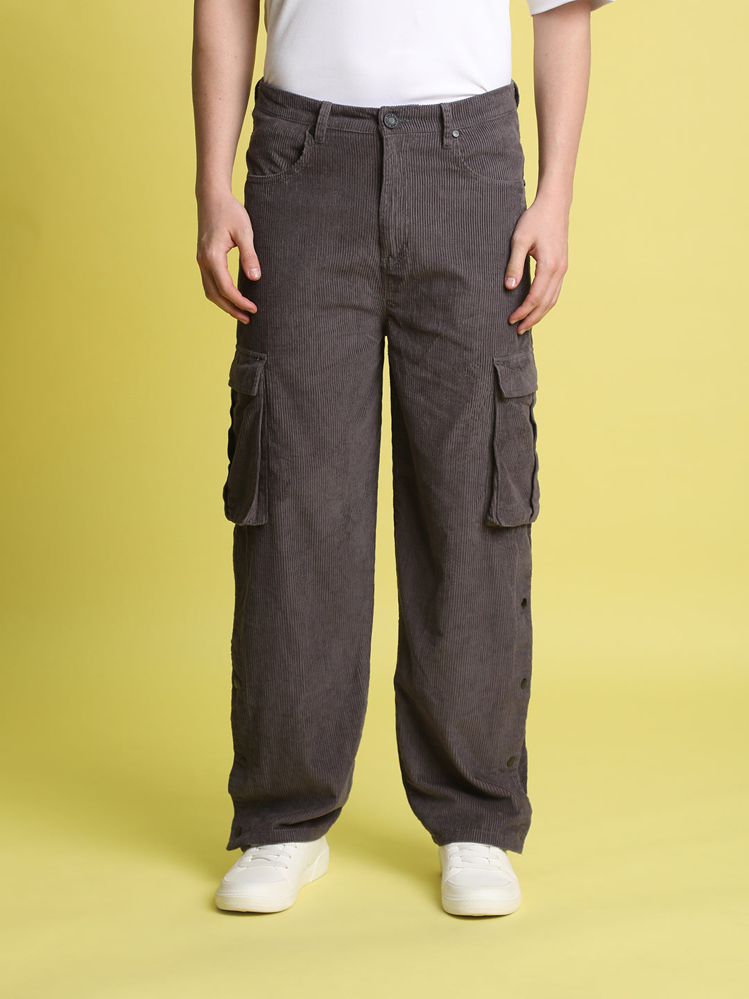 Men Green Corduroy Cargo Trousers