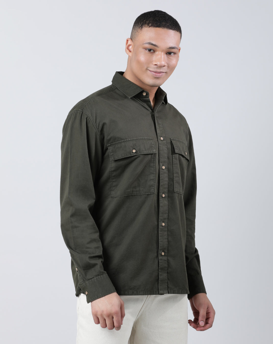 Men Dark Green Relaxed Fit Casual Shirt with Double Big Pockets