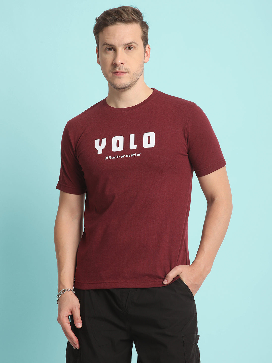 Men Maroon Typography Print Sustainable T-shirt