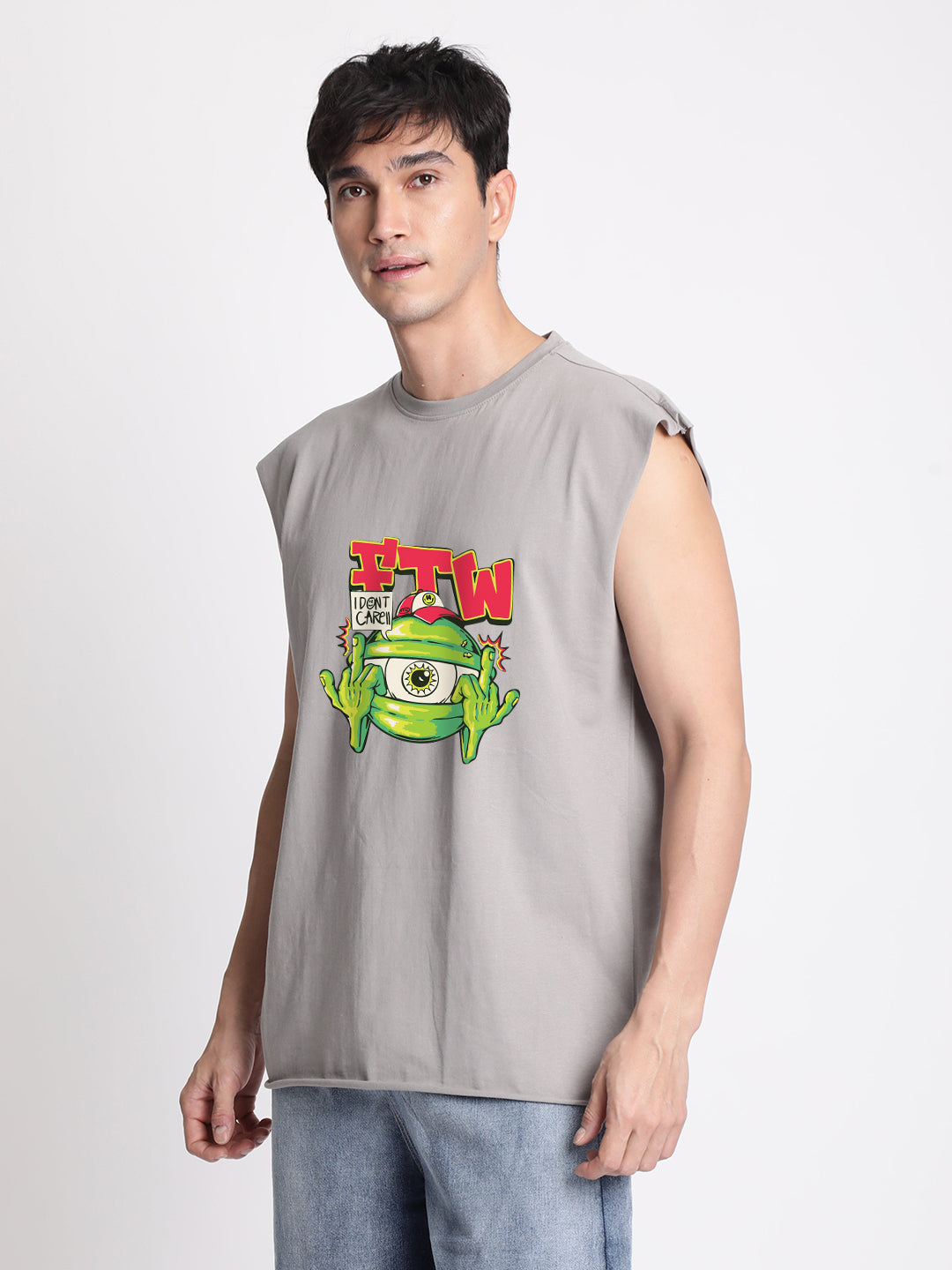 Men Grey Sleeveless Graphic Print Oversized T Shirt