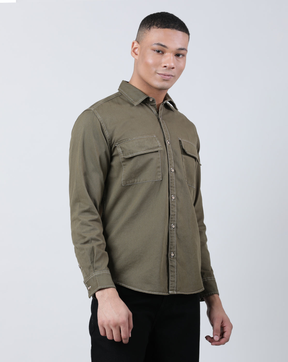 Men Military Olive Double Pocket Overdyed Casual Shirt with Contrast Stitch