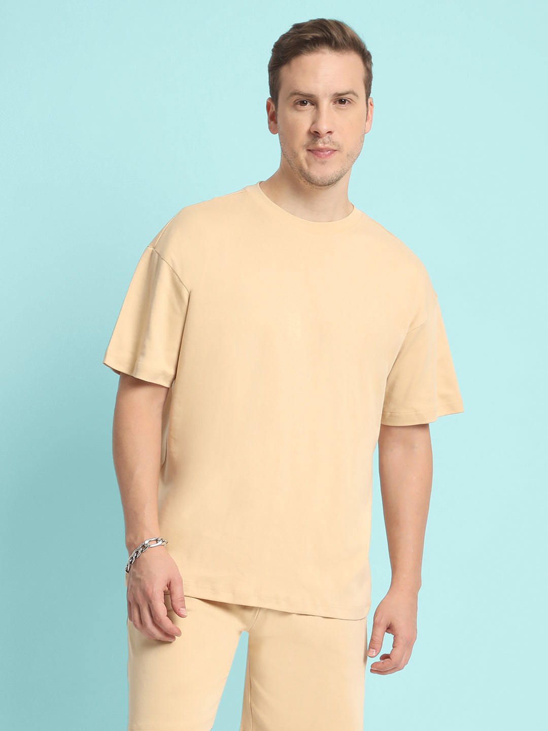 Men Beige Oversized Solid Interlock T-Shirt