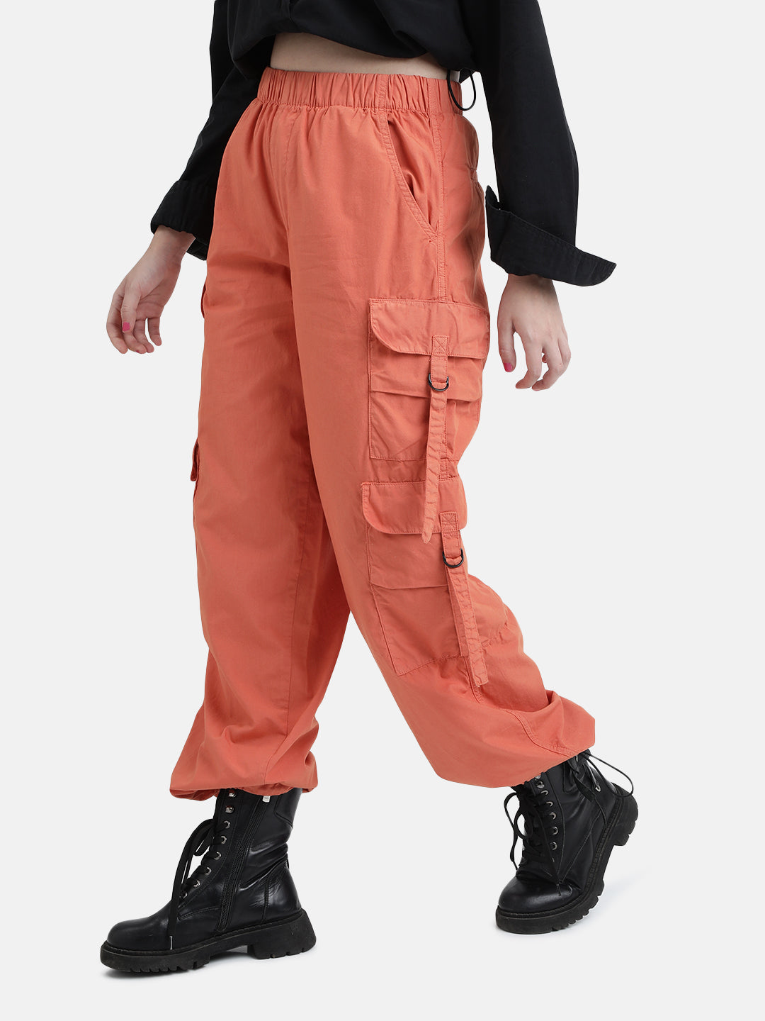 Women Orange High-Rise Overdyed Parachute Fit Cargo Trousers – MINTOBAY