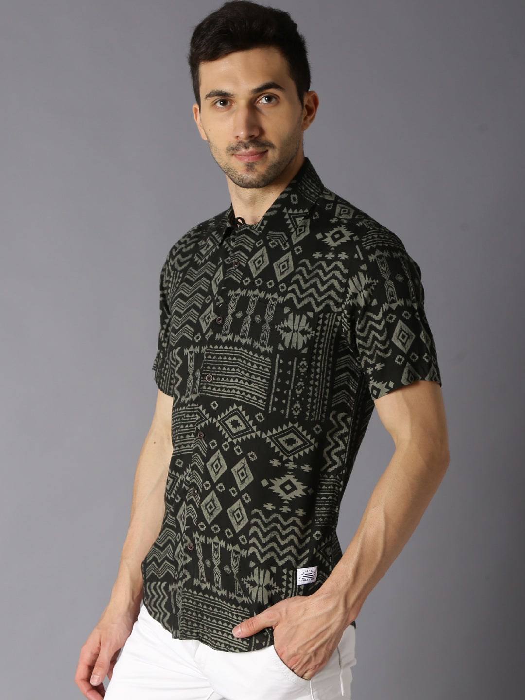 Men Green Slim Fit Tribal Pattern Casual Shirt