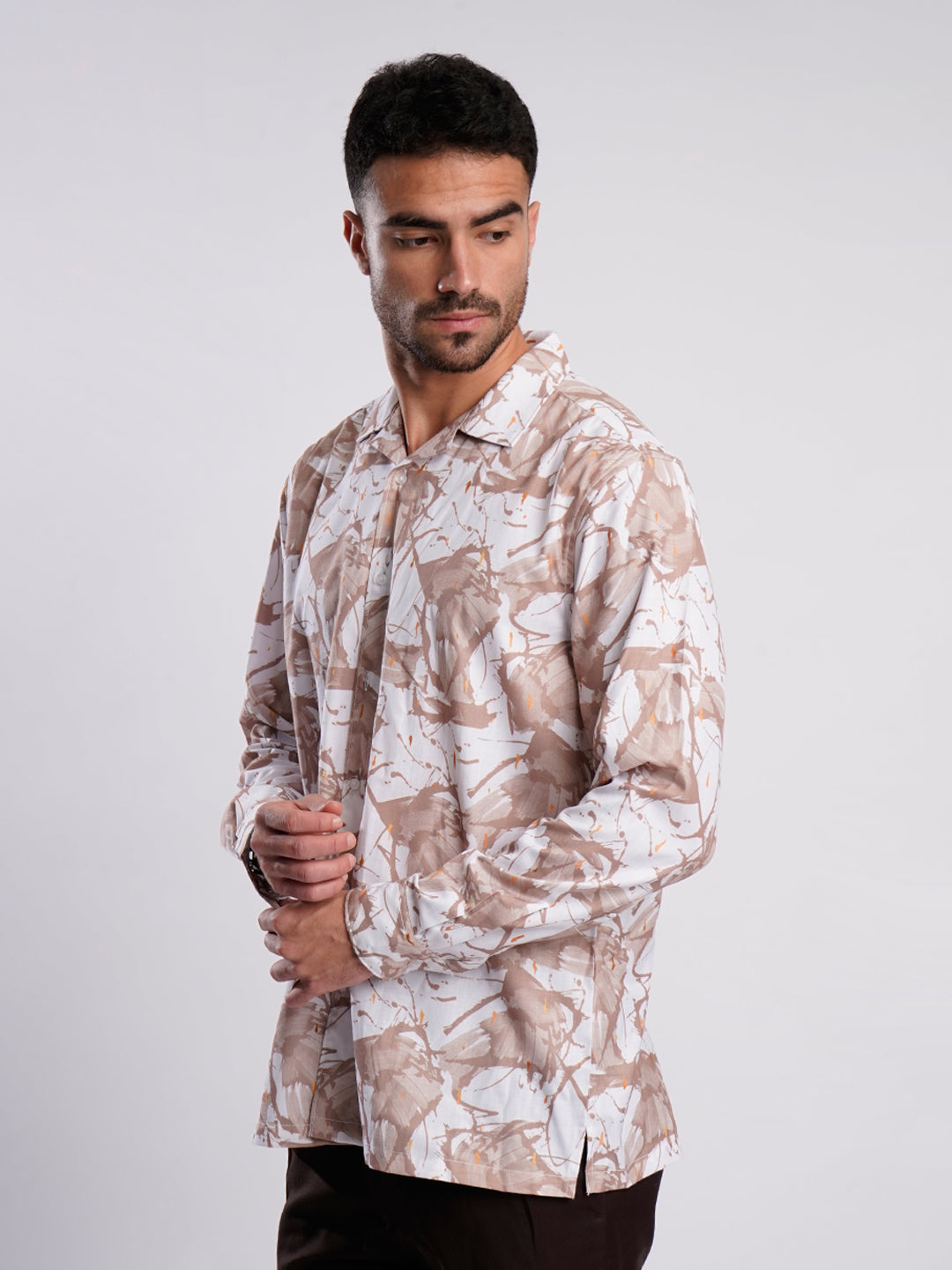 Men Brown and White Abstract Print Shirt