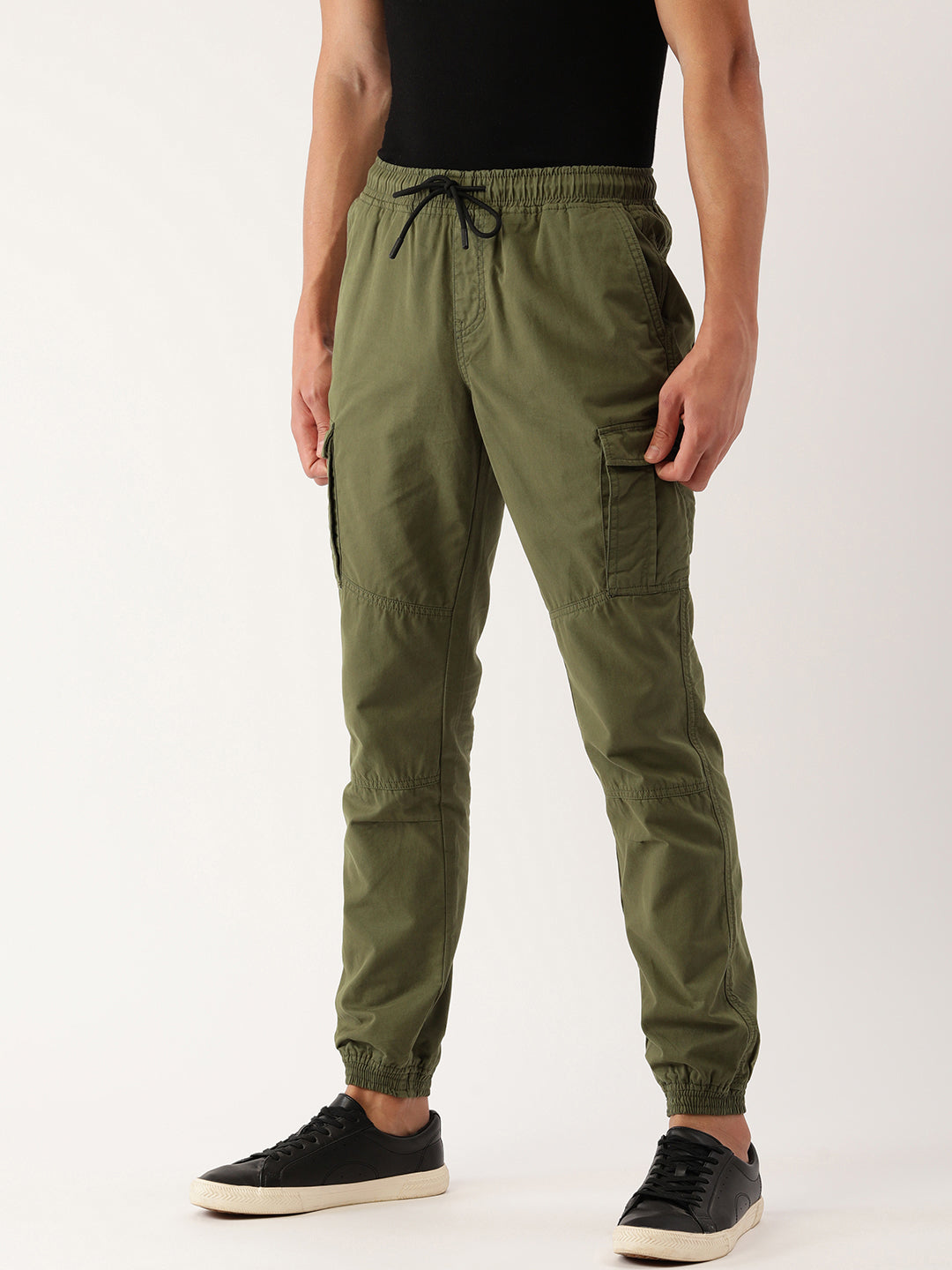 Men Olive Regular Fit Solid Cargo Jogger