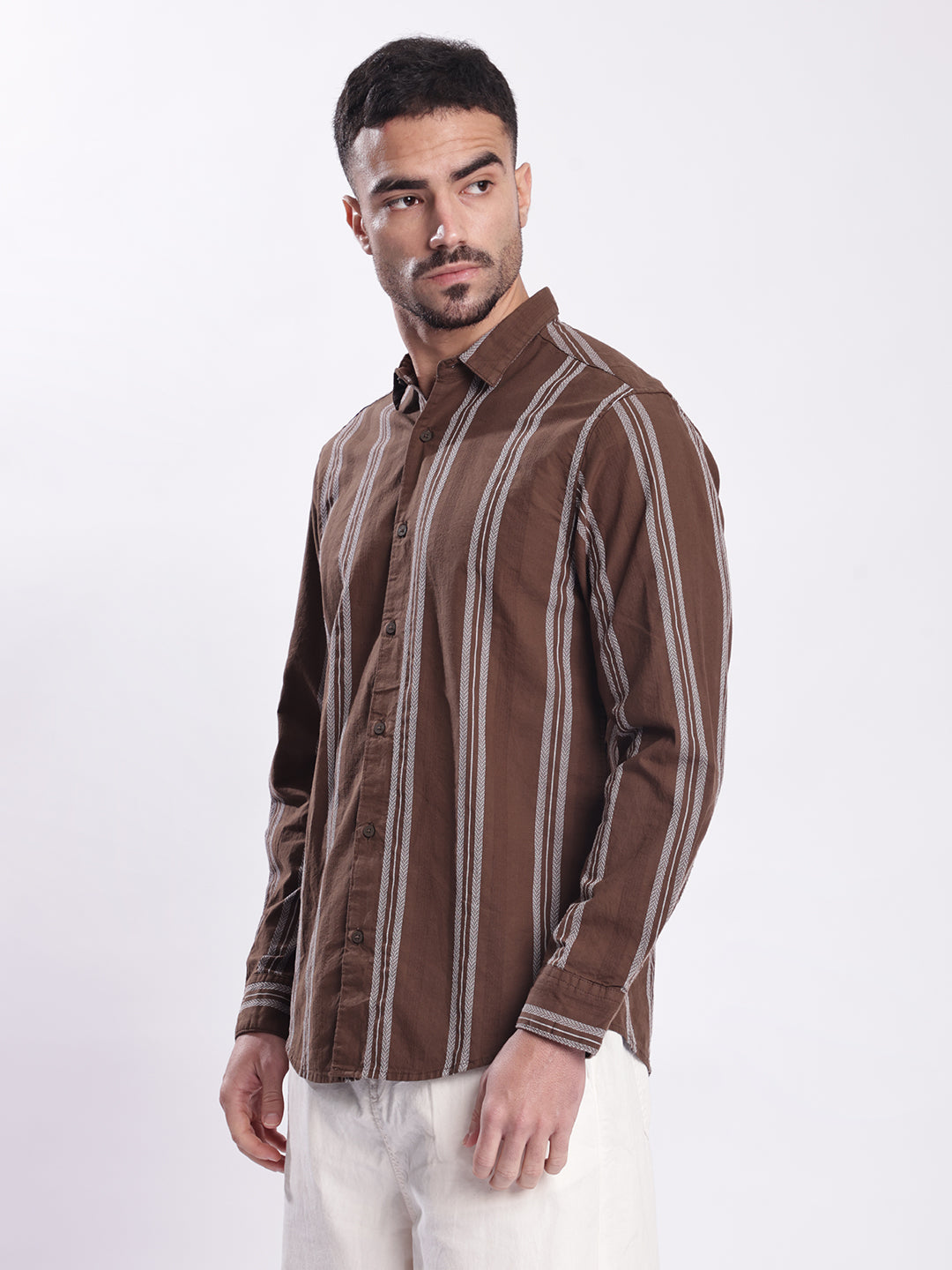 Men Brown Striped Casual Shirt