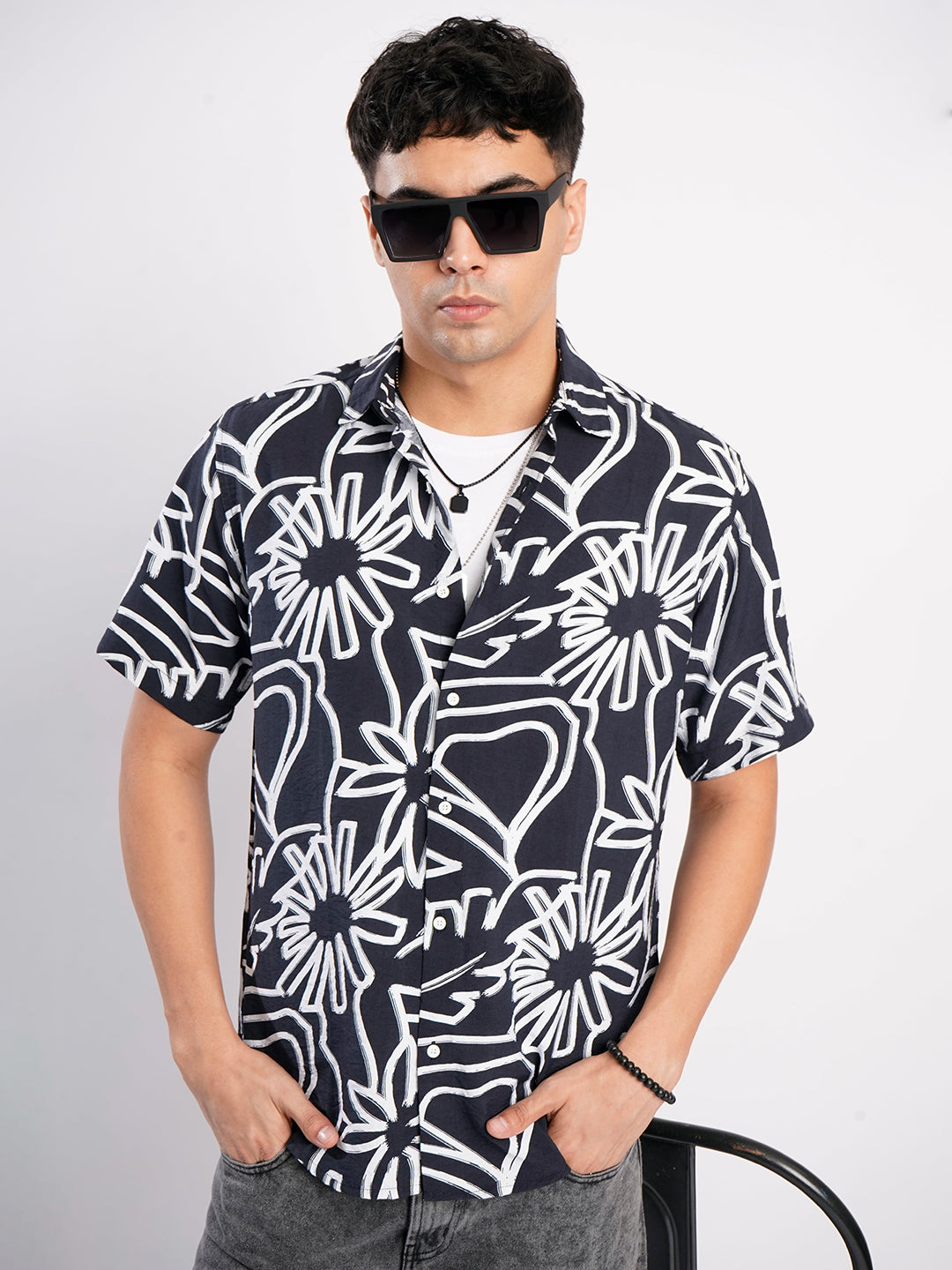 Men Navy and White Abstract printed Shirt