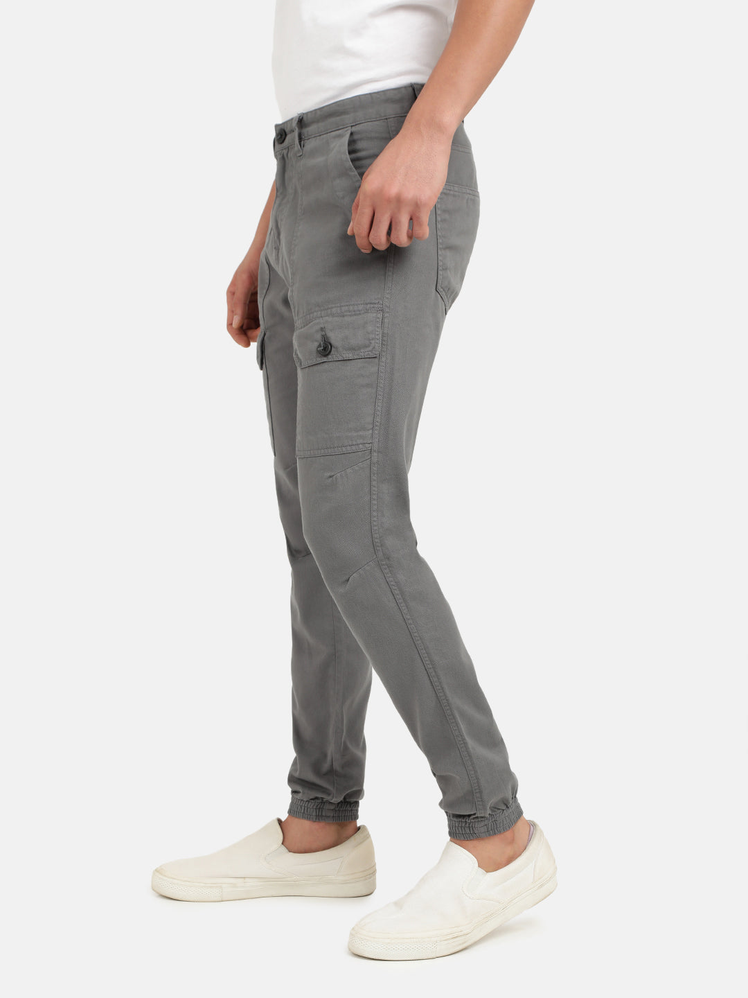 Men Light Grey Slim Fit Solid Cargo Trouser