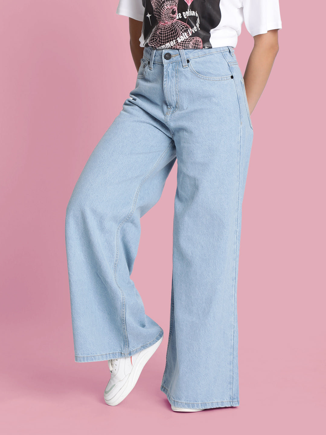 Women Light Blue Super Wide Leg Jeans