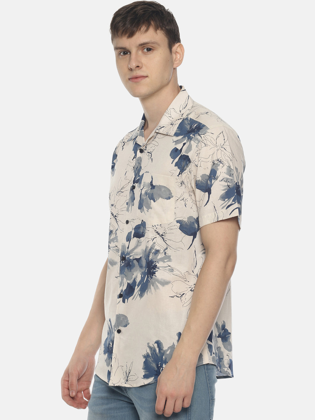 Men Off White/Blue Floral Slim Fit Casual Shirt