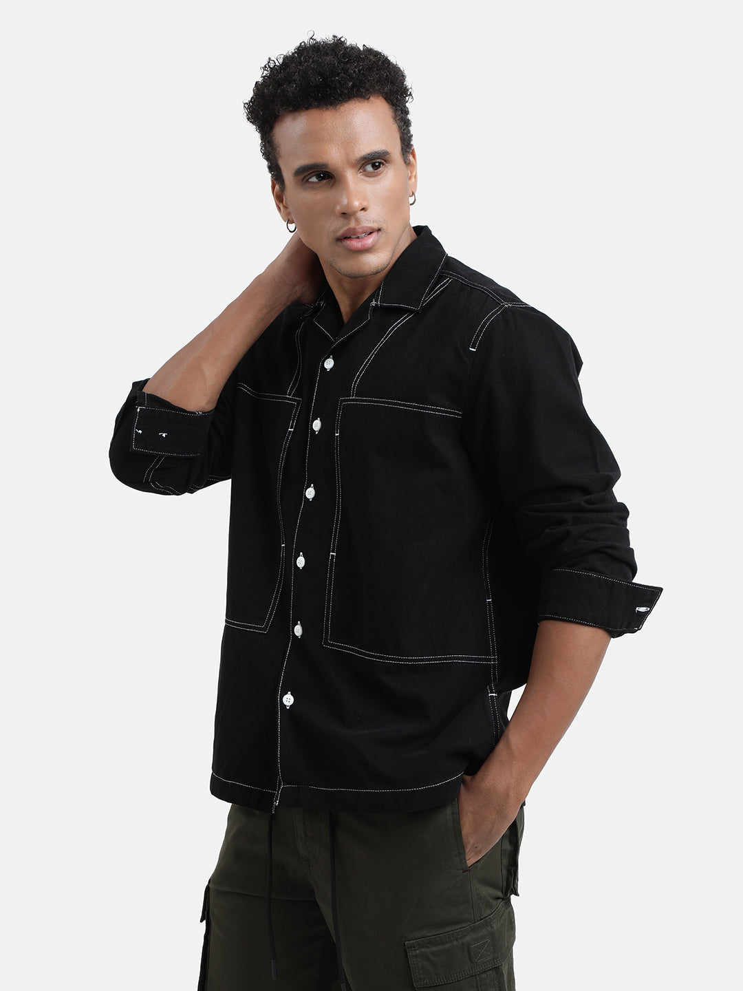 Men Black Relaxed Fit Resort Collar Solid Jacket with Contrast Stitch