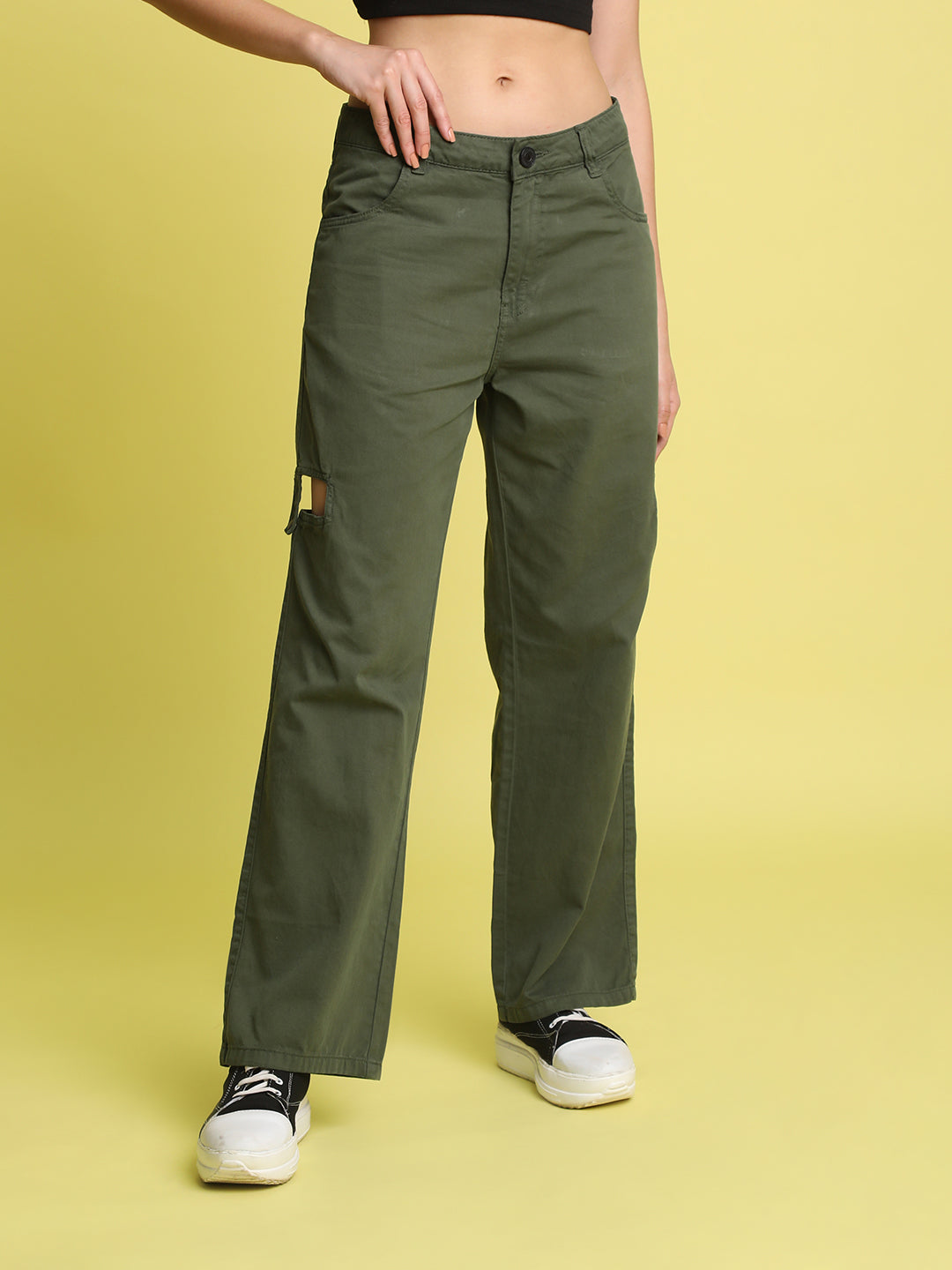 Women Olive Sustainable Trouser with Cutout Detailing