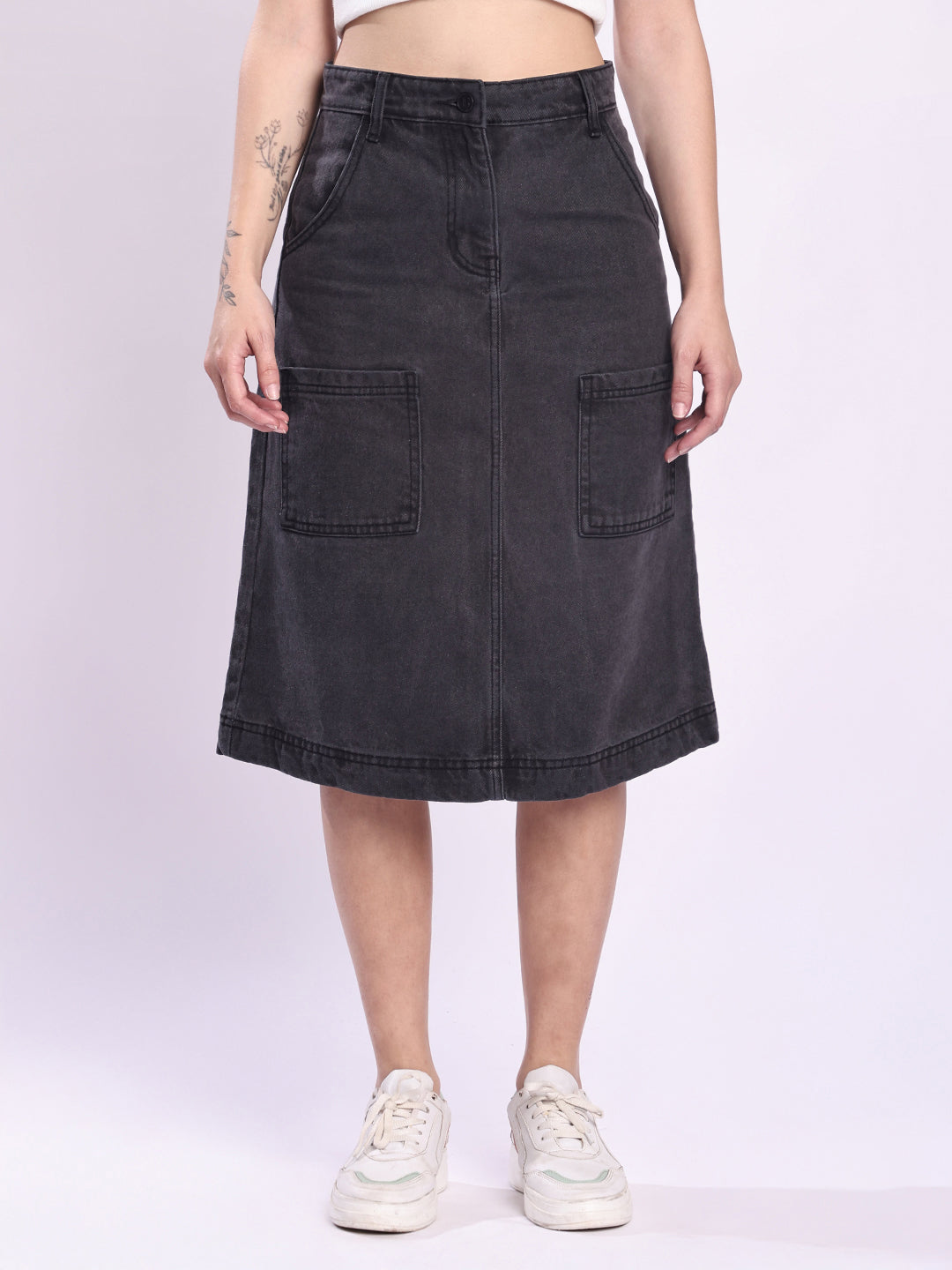 Women Charcoal A-Line Cargo Denim Skirt