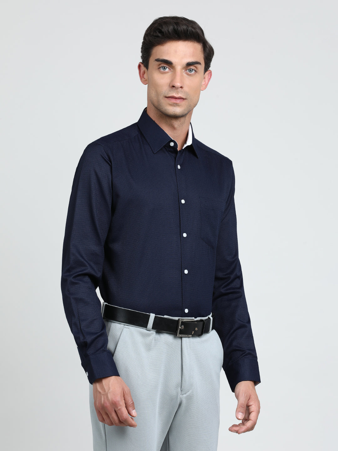 Men Navy Regular Fit Textured Poly Cotton Formal Shirt