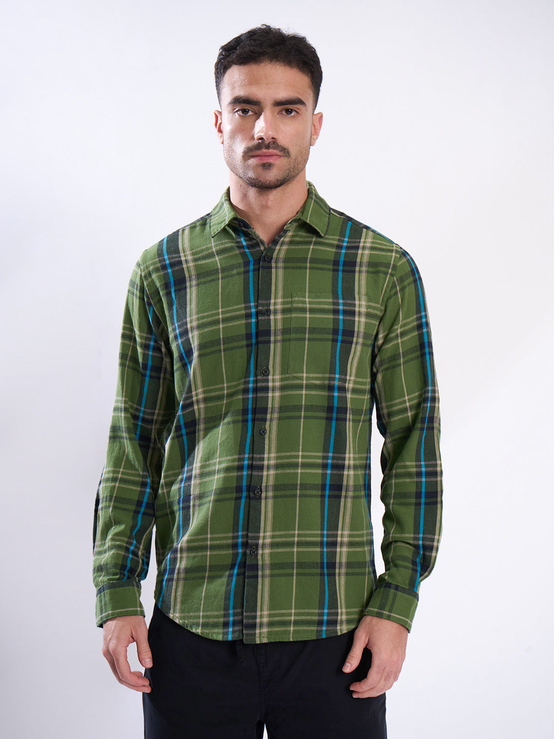 Men Green Checked Single Pocket Shirt