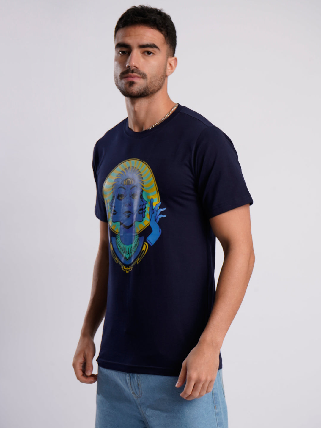 Men Blue Cotton Lycra Graphic Print T-shirt