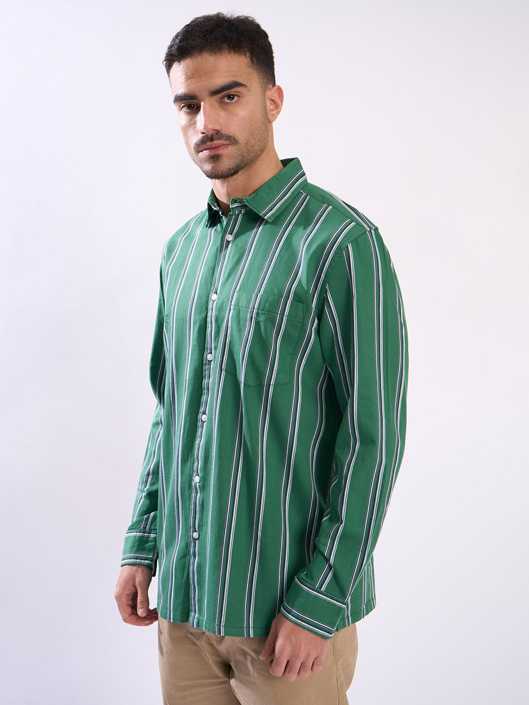 Men Green Relax Fit Striped Single Pocket Shirt
