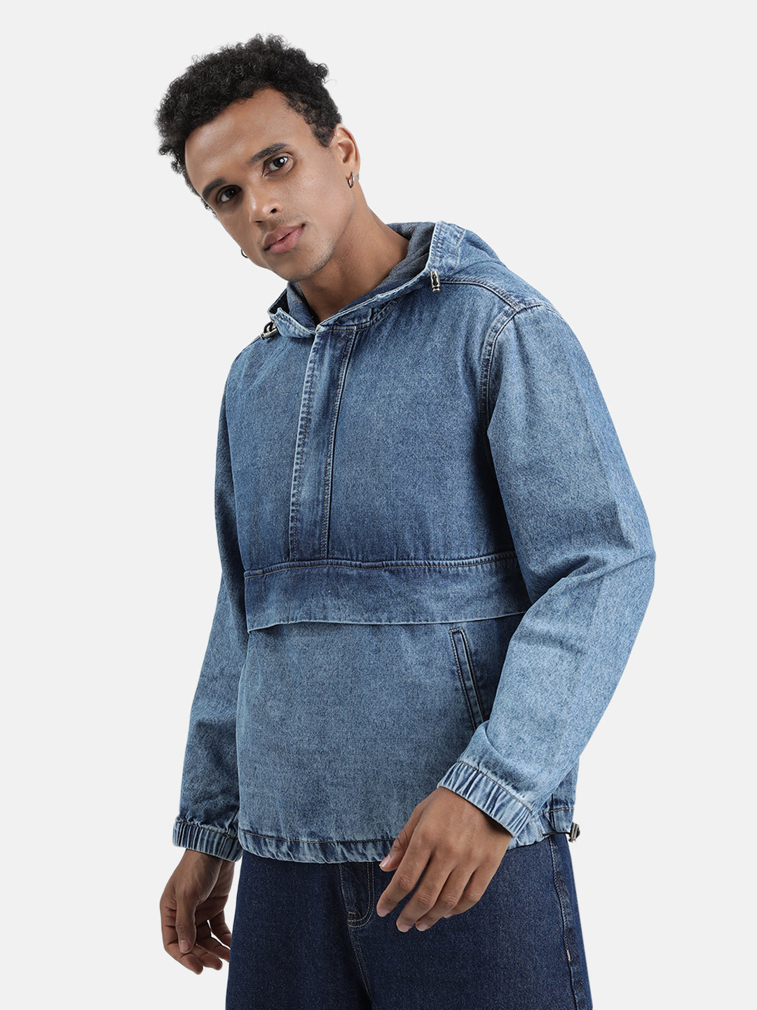Men Blue Relaxed Fit Solid Denim Jacket with Top Stoppers