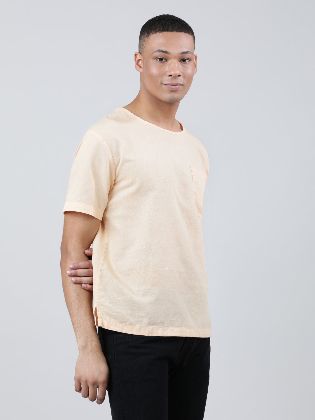 Men Peach Fuzz Regular Fit Round Neck Dyed Cotton Linen Solid T-Shirt