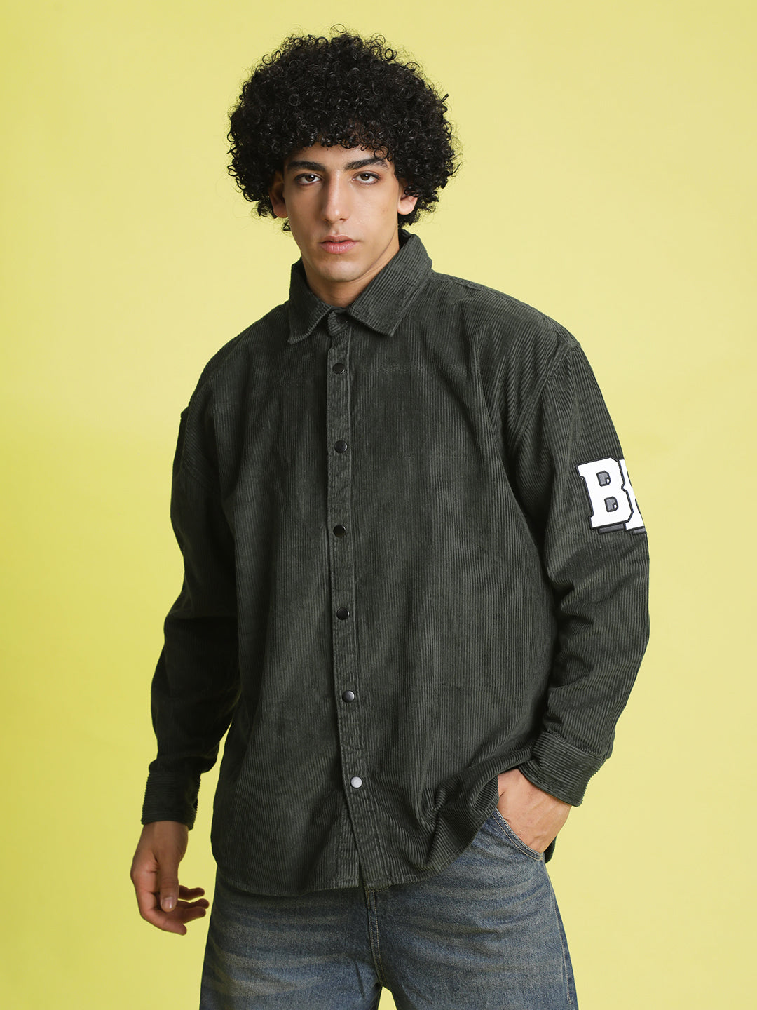 Men Green Varsity Patchwork Corduroy Jacket