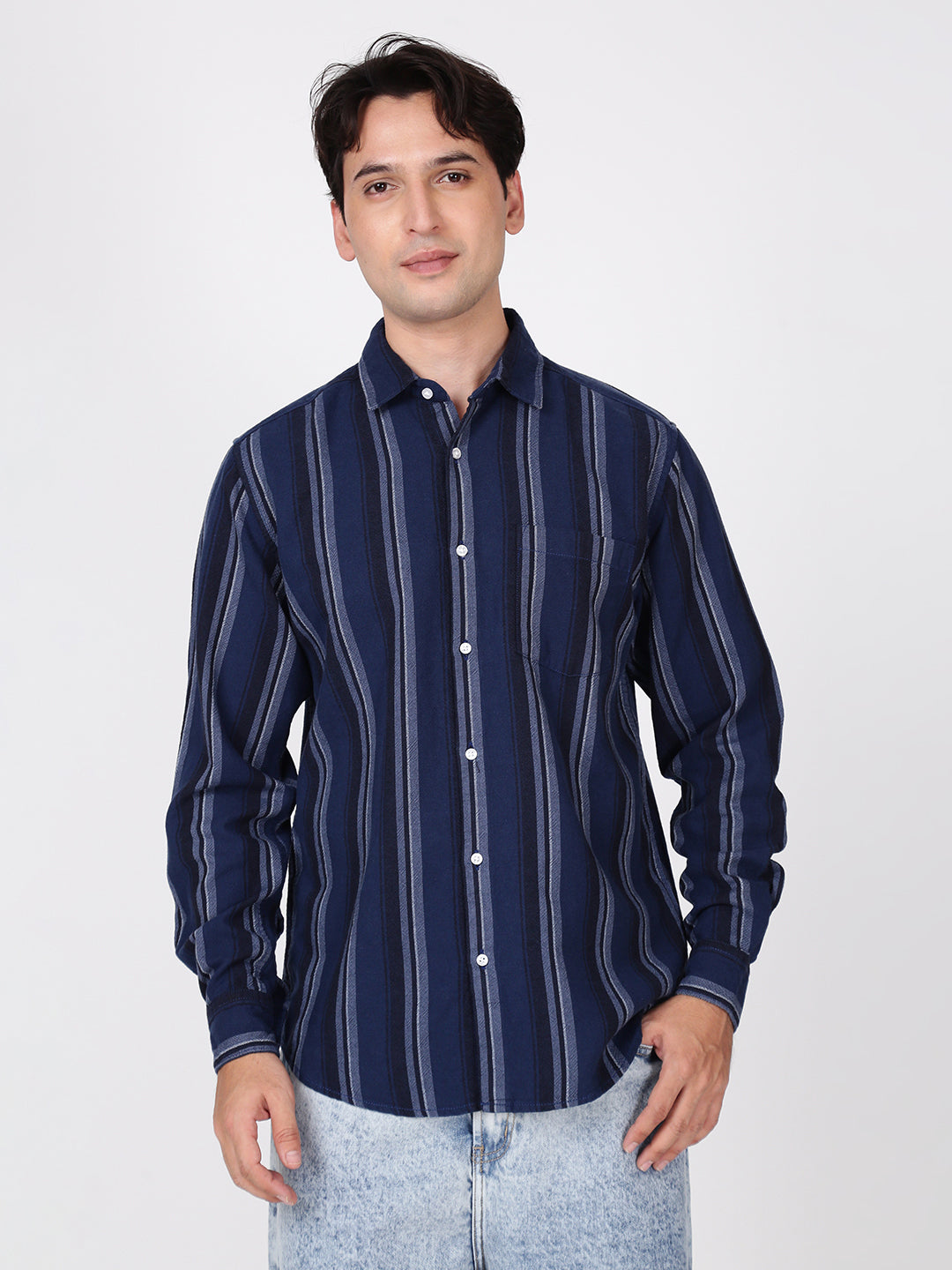 Men Blue and Black Striped Single Pocket Shirt