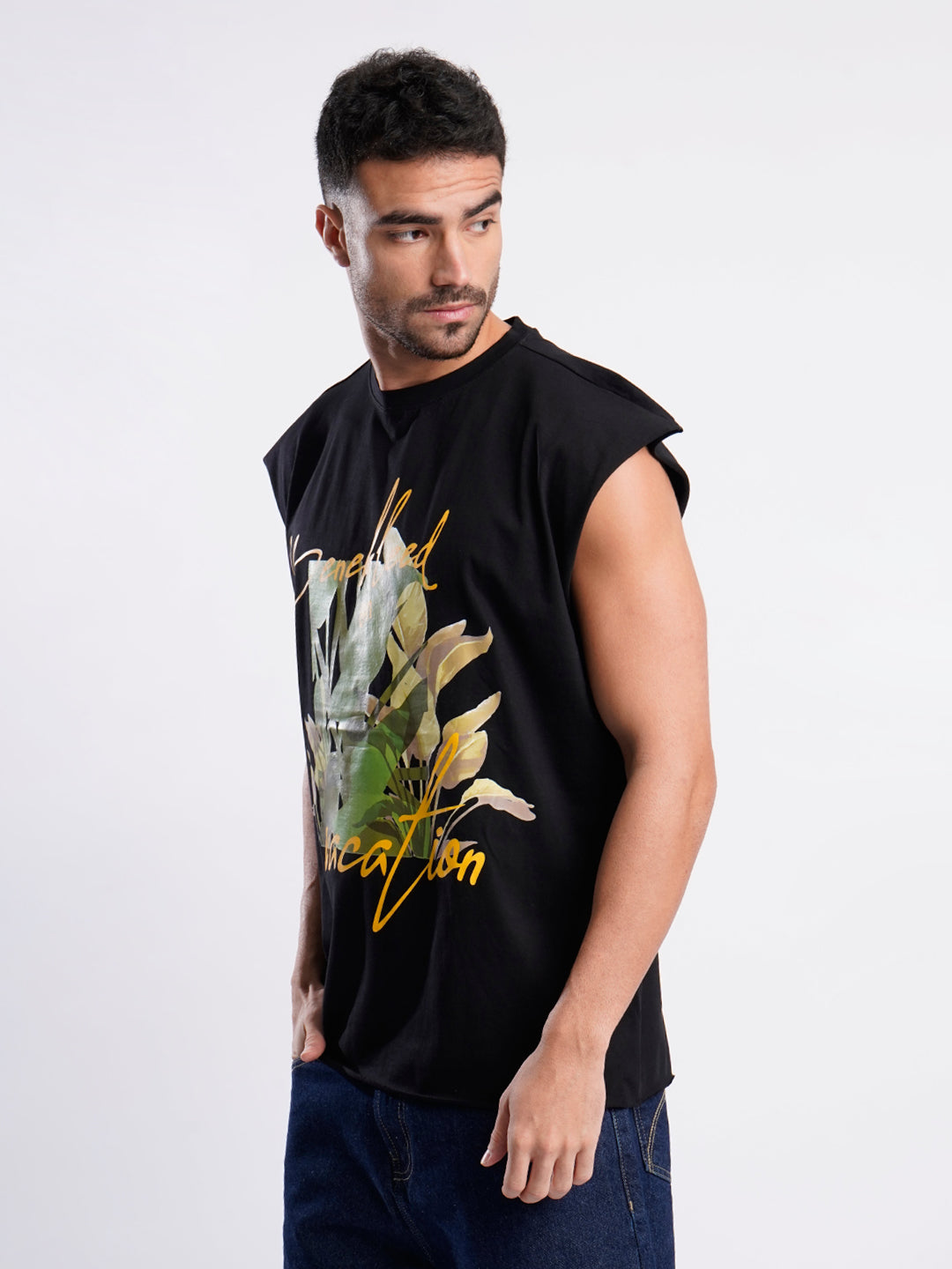 Men Black Sleeveless Graphic Oversized T Shirt