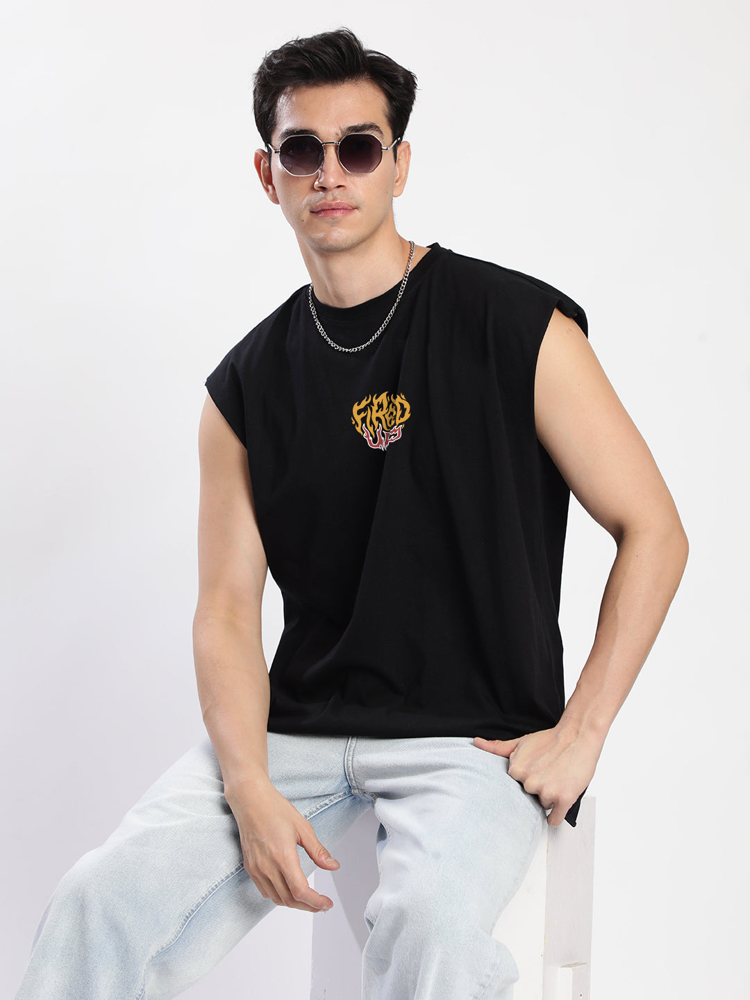 Men Black Sleeveless Graphic Oversized T Shirt