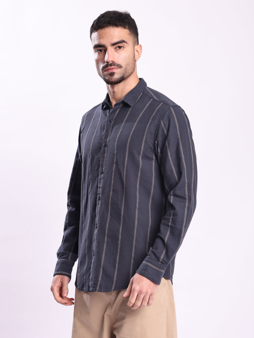 Men Navy Striped Casual Shirt