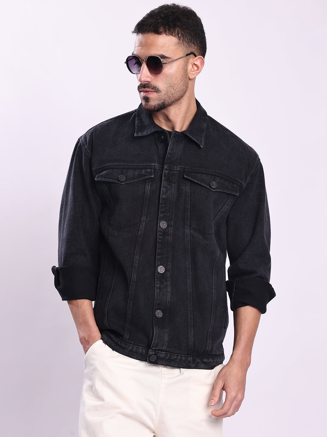 Men Black Detachable Back Print Panel Denim Jacket