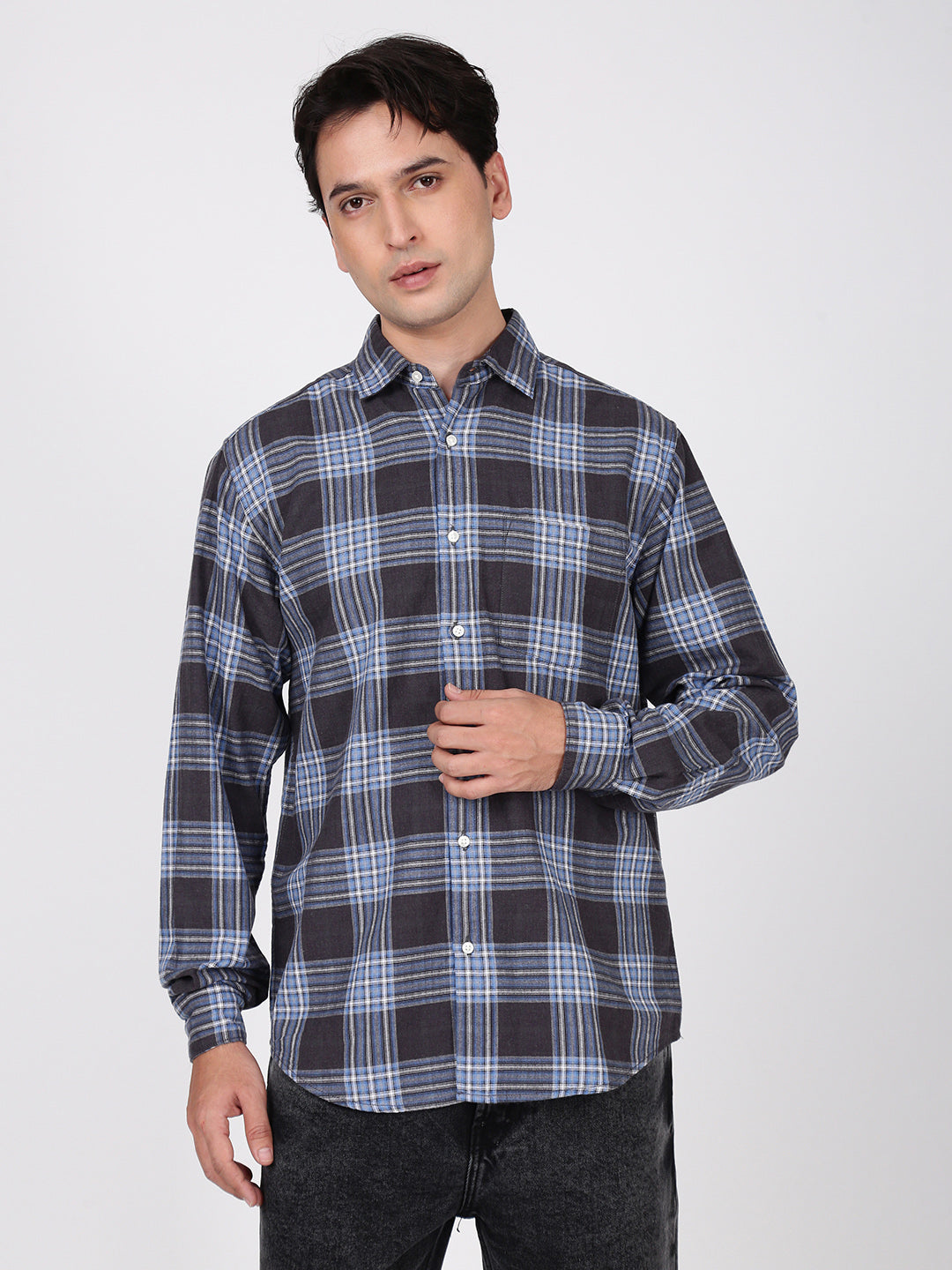 Men Blue and Grey Checked Single Pocket Shirt
