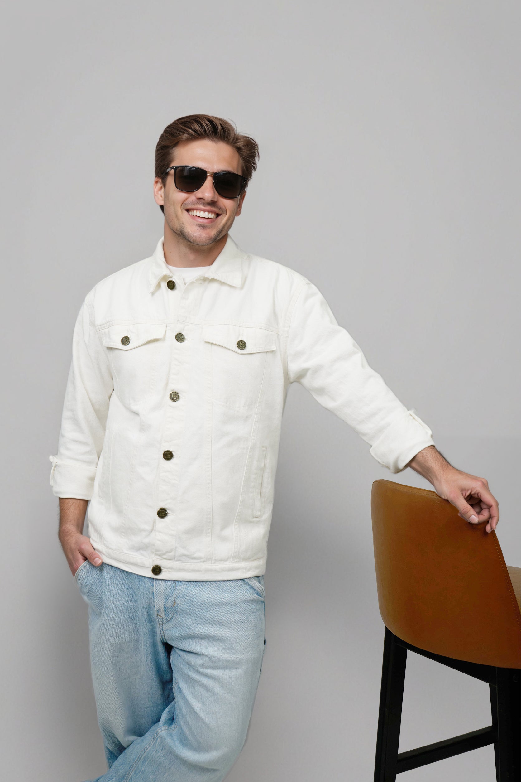 Men White Detachable Back Panel Denim Jacket