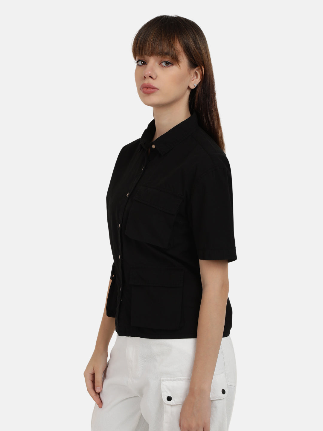 Women Black Overdyed 3 Pockets Casual Shirt