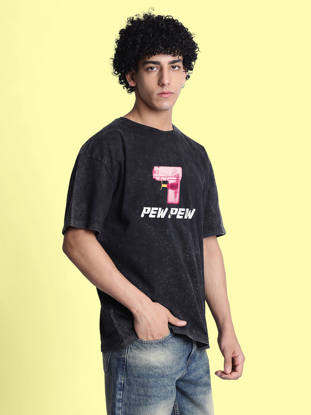 Men Black Acid Wash Graphic Print Oversize T Shirt