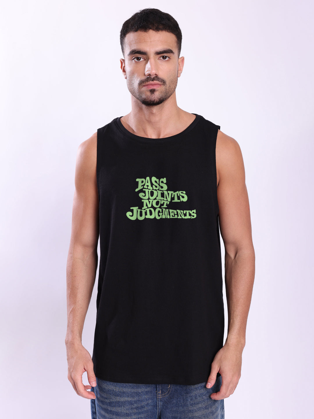 Men Black Sleeveless Typography Print Relax Fit T Shirt