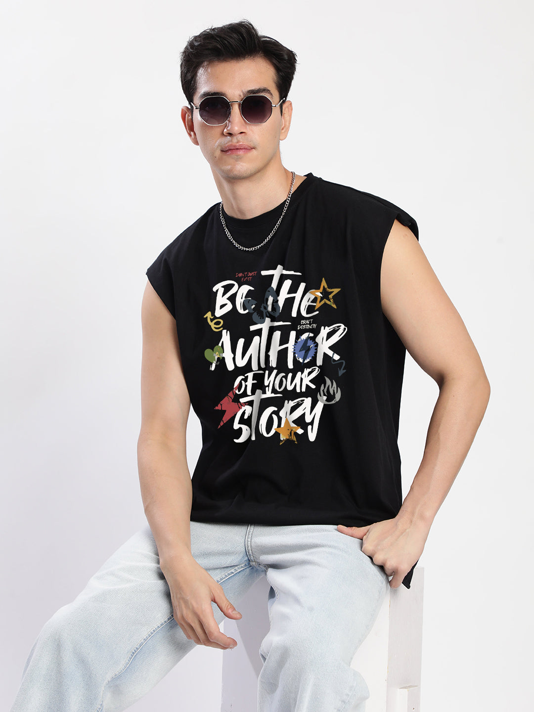 Men Black Sleeveless Typography Oversized T Shirt