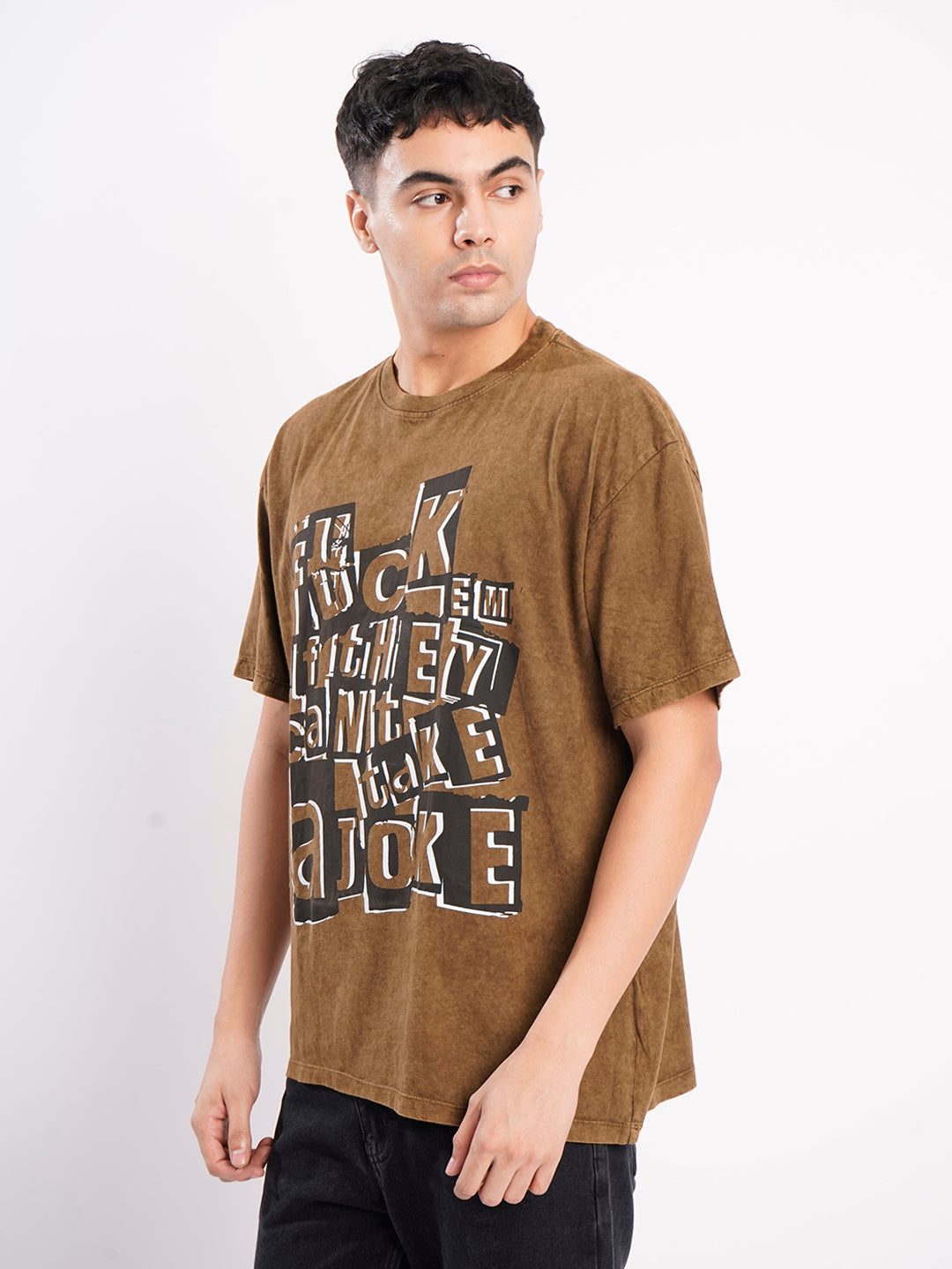 Men Brown Acid Wash Graphic T Shirt