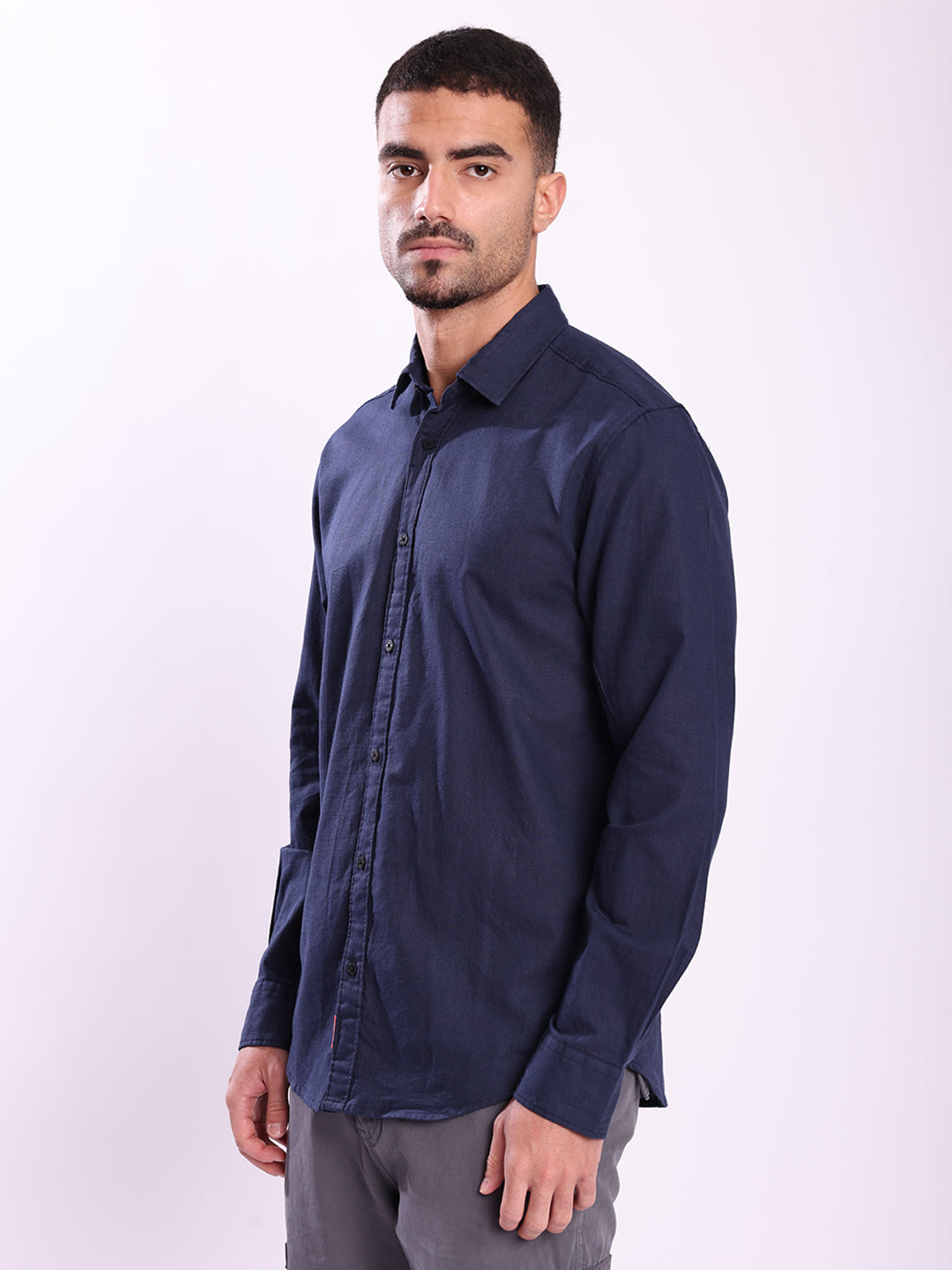 Men Blue Cotton linen Spread collar Shirt